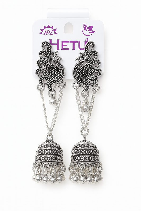 Silver-Plated Peacock Jhumka Earrings