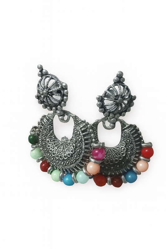 Oxidized Silver Multicolor Beaded Hoop Earrings