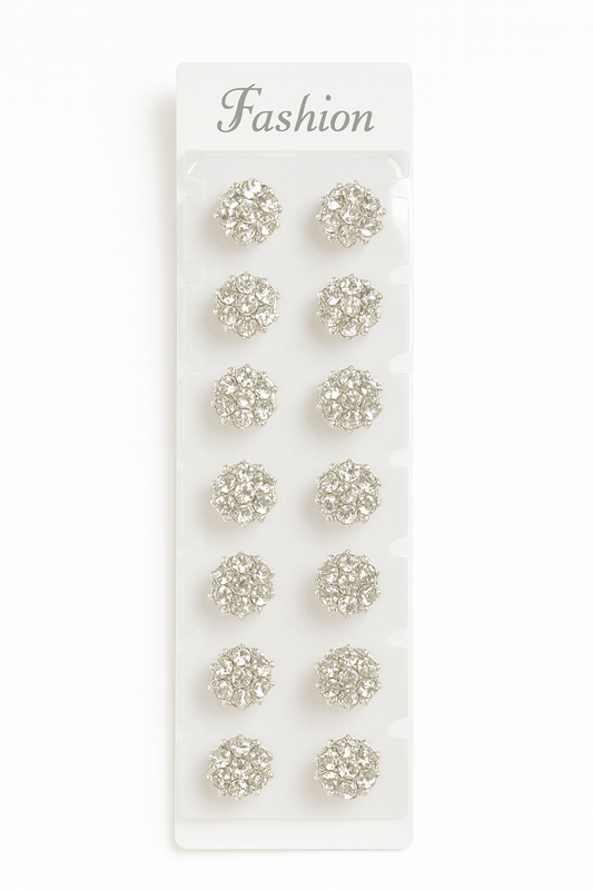 Set of 12 Silver Crystal Flower Stud Earrings for Women & Girls